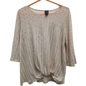 Clara Sun Woo Sequin Top Womens Small‎ Champagne Gold Knot Front 3/4 Sleeve